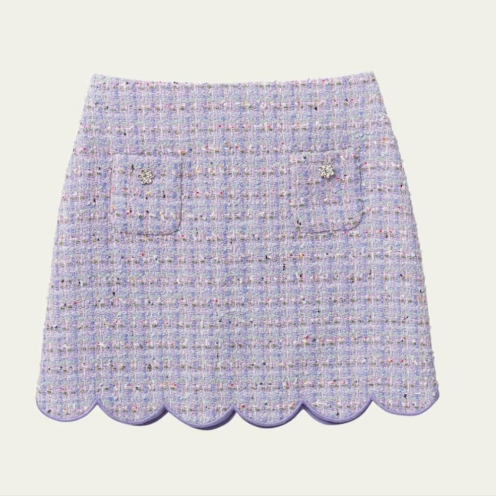 Self-Portrait Girl's Boucle Scallop-Trim Mini Skirt Pink Purple White Tweed